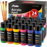 Acrylic Paint Set, Abeier 24 Colors (60ml, 2oz) with 3 Craft Paint Brushes, Rich Pigments Non-Toxic for Kids Adults Beginners Students, Painting on Canvas Stone Wood Fabric Rocks Ceramic