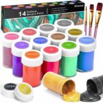 Metallic Acrylic Paint Set, Emooqi Acrylic Paints Set(14x20ml/0.67oz) Come with 3 Paint Brushes, Non Fading, Highly Pigmented, Ideal for Kids, Artist & Beginners